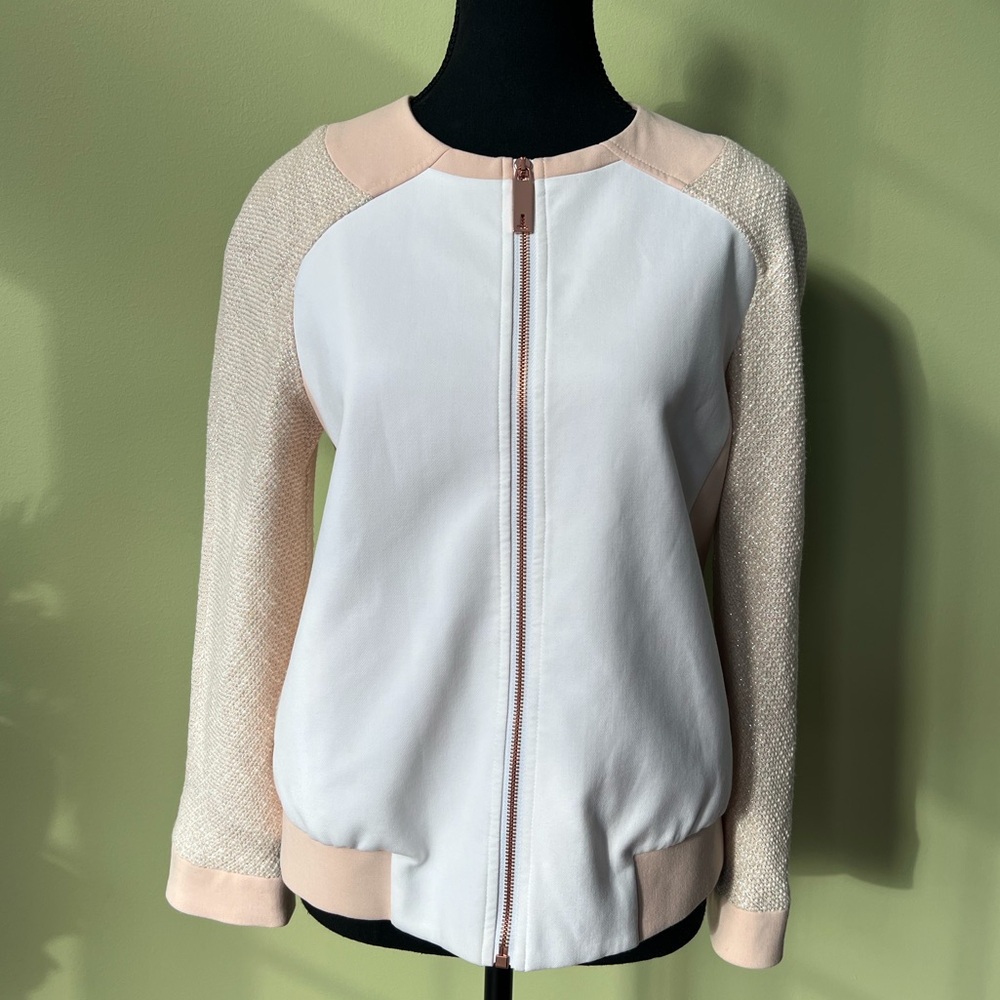 Ted Baker Rose White Boucle Textured Tweed Bomber Jacket
